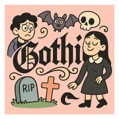 the word 'Gothic' in ornate gothic calligraphy, pastel toon style sticker