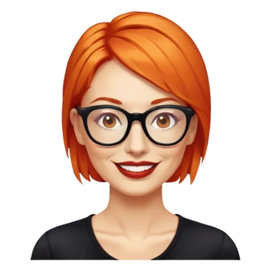 nữ 40 tuổi, da trắng,môi đỏ thẫm, tóc búi gọn gàng màu cam, đeo kính đen, mặt cười tươi, hơi có nếp nhăn, áo đen sticker