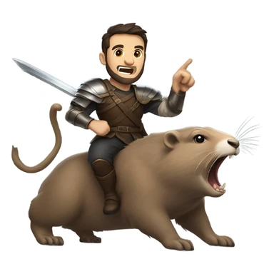 Confident armored White Man with dark brown hair and a short beard pointing forward with one arm holding a sword and yelling a battle charge while riding on the back of a giant groundhog sticker