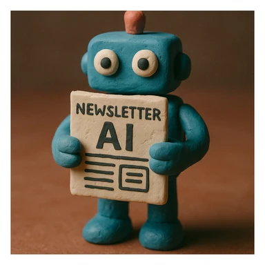 newsletter about AI, clay robot holding a newsletter sticker