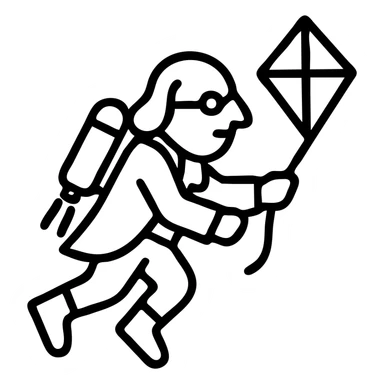 Ben Franklin flying with a jetpack and holding a diamond kite, clean modern outline, no fill sticker