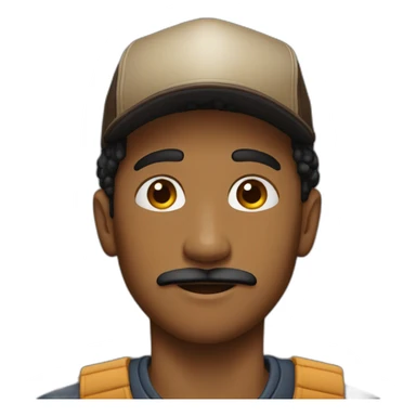 young man with a black tiny moustach and a brown trucker hat sticker