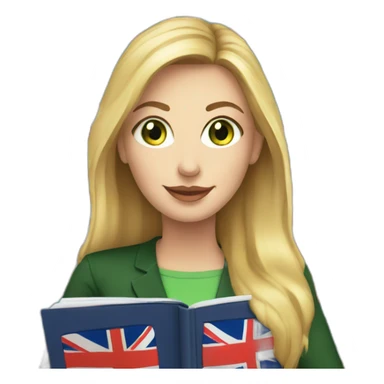 English teacher female with blonde hair and green eyes. with English book with usa flags sticker