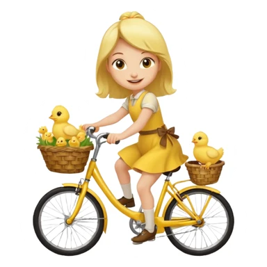 A cartoon girl riding a bicycle with a basket full of baby chicks, 1:1 square ratio. sticker