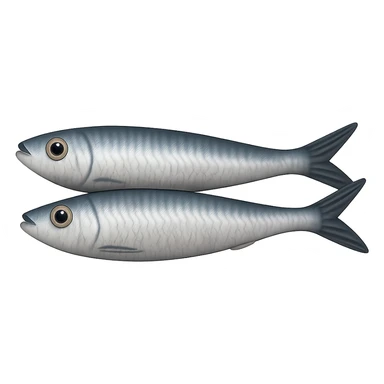 Remove any face or anthropomorphic features. Show only two small whole sardines side by side, silvery skin with blue-gray tones, fine scale texture, slim elongated bodies, pointed heads, slightly curved tails. No can, garnish, or background—just the fish. Render in Apple emoji style with transparent background and emoji scale. sticker