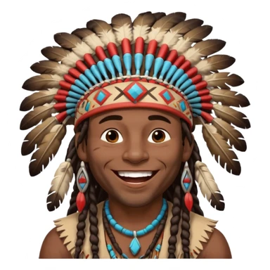 Black American man dark brown with dreads with a American Indian headdress with a laughing face sticker