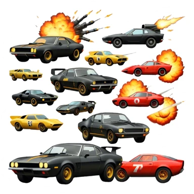 Photorealistic Icon for Action Movies: Dynamic close-up collage of iconic action movie scenes featuring explosions, fast cars, combat, and weapons. Include silhouettes of famous action heroes, dramatic lighting, and a sense of high-octane energy. Transparent background. sticker