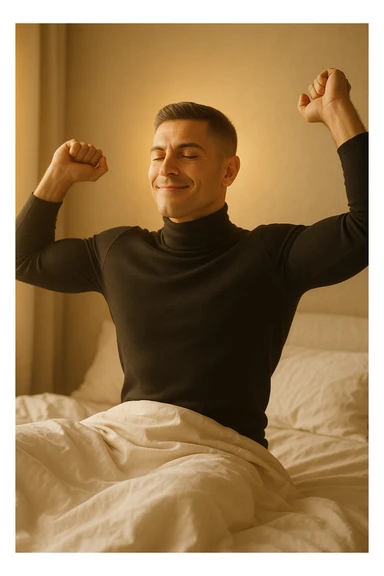 A cinematic photo of a man stretching in bed just after waking up, the morning sunlight flooding the room. His skin glows slightly, expression rested and serene. Muscles subtly defined, energy flowing through his posture. The air is filled with a golden calm. A symbolic glow surrounds his head and chest, representing mental clarity and physical recovery. The scene is clean, natural, minimalist. Rich in textures and realistic warmth. sticker