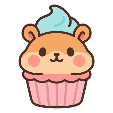 kawaii hamster cupcake with pastel cream topping, chubby face, animal looking front side, flat pastel style sticker