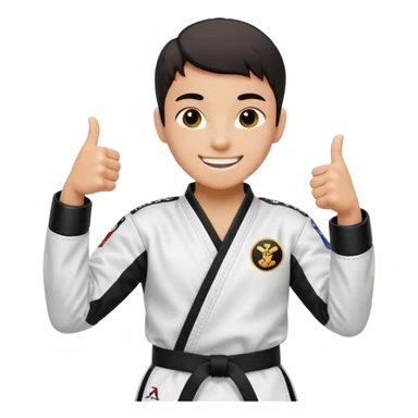 Perfecto pero el uniforme debe ser de taekwondo de ATA cinturón negro con un logo de mambo negra y realizando este gesto sonriendo 👍🏼 sticker