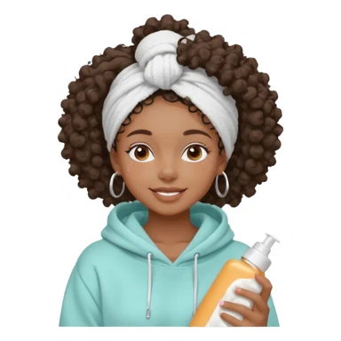 Black girl, clean girl aesthetic, 4C curly hair in a puff with a towel on her head, pastel hoodie, white sneakers, minimal jewelry, soft smile, cozy vibe, bright colors, Apple-style. Applying white clay mask on her face, enjoying her skincare routine. sticker