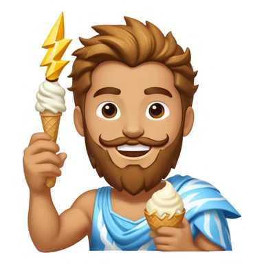 Zeus in vest smiling eating white ice cream holding lightning bolt sticker