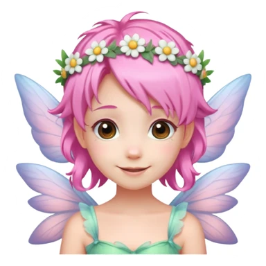 A tiny pastel fairy with pink hair with glowing wings and a sweet smile and tiny flower crown sticker