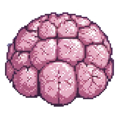 16-bit pixel art of a pink brain-shaped blob, smooth rounded brain texture, simple retro gaming style sticker
