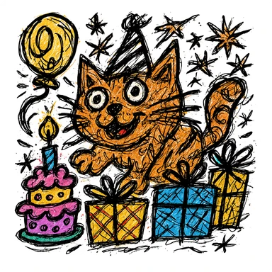 Make the birthday cake more colorful while keeping the chaotic outlined style and all other elements intact sticker