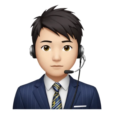 30 years old full kind of chubby face, very asian, short dark hair styled upward with a spiked swoop in front, a clean-shaven face, focused eyes, and a slim headset over one ear, wearing a dark pinstripe suit with a patterned dress shirt and a bright solid-colored tie visible from the chest up. sticker