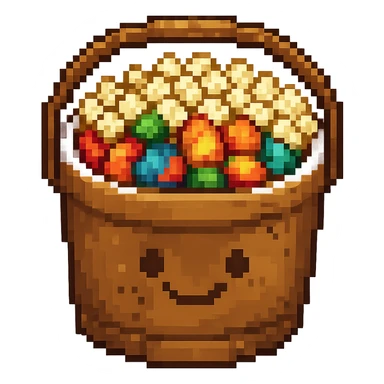 Add popcorn to the snacks bucket emoji in pixel art style with no background, maintaining the pixel art style look and feel. sticker