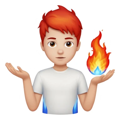A boy with no hands fire instead made out of red fire and blue fire on a white shirt that the boy is wearing  sticker