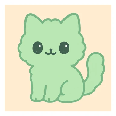 green fuzzy cute cat, sitting, fluffy tail, round face, kawaii style, minimal background sticker