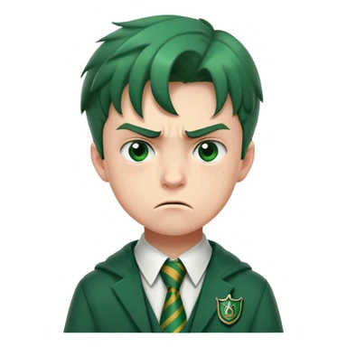 Upset angry teenage boy with scowling face wearing green Slytherin Hogwarts uniform and tie sticker