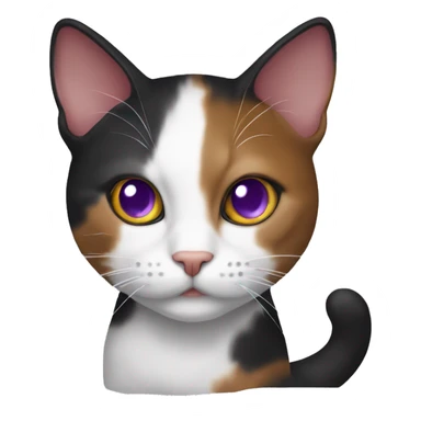 The cat is a calico cat with purple eyes, the color is dark brown, red and white sticker