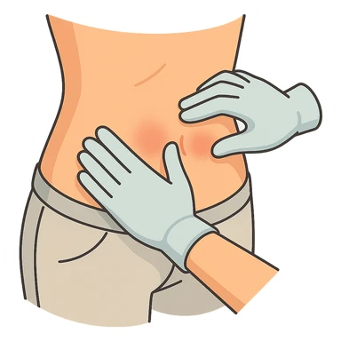 Close-up of a human abdomen with a doctor wearing gloves palpating it. Fingers gently pressing on the abdomen with pressure points highlighted by light redness. The person is wearing pants, side view, 2D isometric style, very detailed, soft rounded shapes, clean contours, pastel palette, refined shadows and highlights, modern illustration, transparent background. sticker