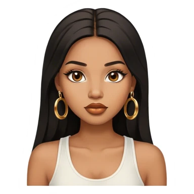 light brown skin tone, very beautiful woman, with big plump lips, long long lashes, black straight long hair, brown eyes, white tank top, gold hoop earrings sticker