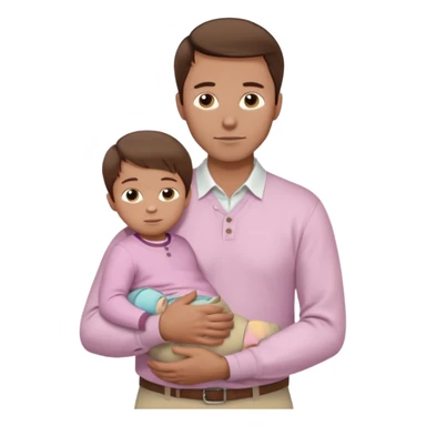 A father with neatly combed chestnut-brown hair, wearing a white button-up shirt and light khaki pants, holding his child close. The child has silky dark hair and a pale pink sweater. Bright natural light, clean and gentle mood. sticker