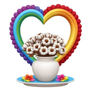 a bouquet of cotton flowers with brown dried petals, in a white ribbed vase on a white tray. next to it is a figurine in the form of a white heart, with a rainbow outline sticker