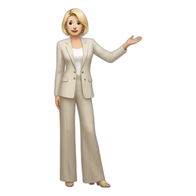Full height Actively gesturing with hands pale skin woman with ash blonde Straightened bob Hair, White Spacious classical jacket, beige palazzo Arrow pants and gray blouse sticker
