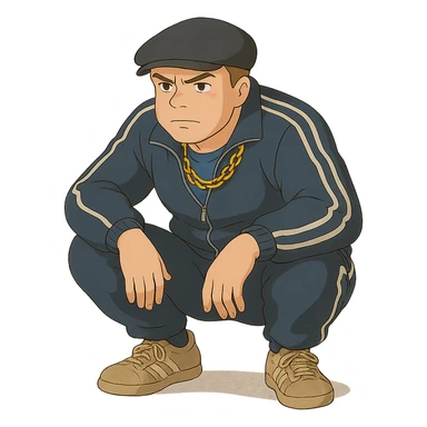 ghibli style Russian gangster squatting, wearing a tracksuit and gold chain sticker