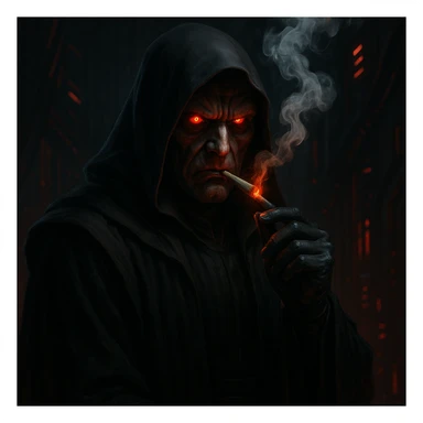 an elite sith lord smoking a joint, dramatic lighting, dark robes, glowing red eyes, menacing expression, sci-fi background sticker
