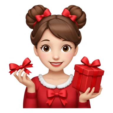 A cheerful young girl with brown hair styled in two playful buns adorned with red bows is winking and smiling.  In her hands, she holds a small decorated  sticker
