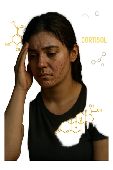 realistic and cinematic image of a woman with PCOS and elevated cortisol, showing stress, insomnia, tiredness, acne, hirsutism, visual elements representing cortisol hormone, no background, 2:3 aspect ratio sticker