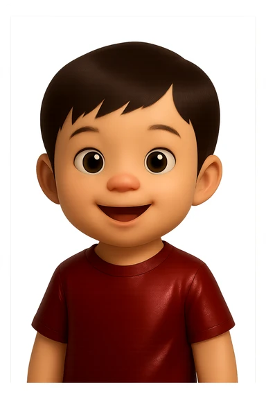 Edit the cute Asian baby boy emoji by changing the shirt to dark red while keeping the rest unchanged. Use a soft glossy texture and make it about 80% realistic. No background. sticker