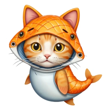 A little cat wearing a grilled fish head cover sticker