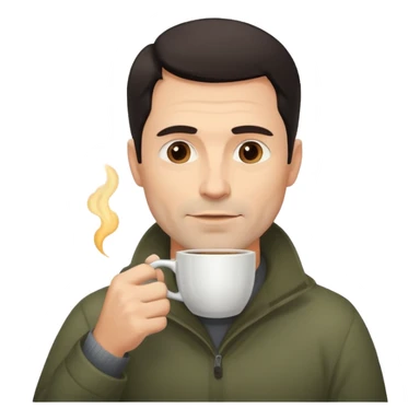 A handsome 45 year old white man with dark hair in a fog drinking a cup of coffee sticker
