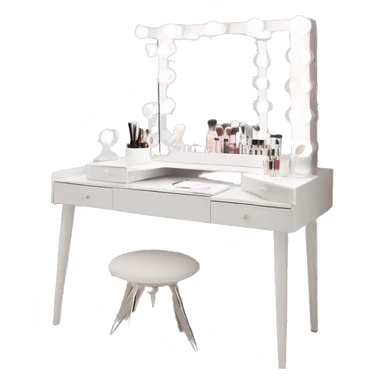 white makeup vanity with glass top and a hollywood style makeup mirror with bulbs around it. skincare and perfume on the desk neatly with white chair  sticker