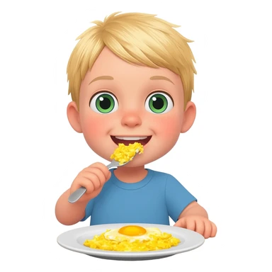 Use the same 3 year old blonde boy with green-blueish as before eyes happy eating scrambled eggs on a plate for breakfast sticker