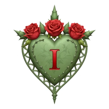 Can you make a sage green heart with a gothic design, I want roses and spikes around the heart. In the middle of the heart the letter I sticker