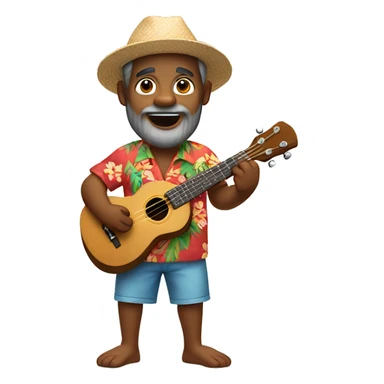 dark-skinned native hawaiian man h playing ukulele age 57 wearing hawaiian shirt shorts beard with cap back small eyes sticker