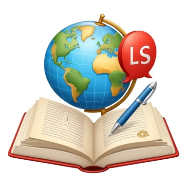 An icon featuring an open book, a speech bubble, and a pen, symbolizing philology and linguistics. The design includes a globe with language characters and grammar symbols, representing the study of languages and literature. Transparent background highlights language analysis. sticker