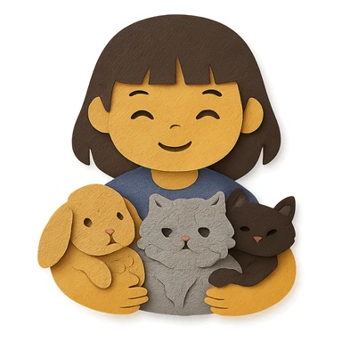 brunette chinita girl holding a brown holland lop rabbit, gray persian cat, and black kitten in paper-craft style sticker