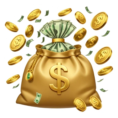 

3D emoji style, big bag of money, flying dollar bills, rich casino vibe, smooth lighting, high detail, clean edges, transparent background



 sticker