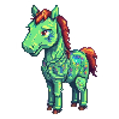 Make the green horse look happy in pixel art style with no background. sticker