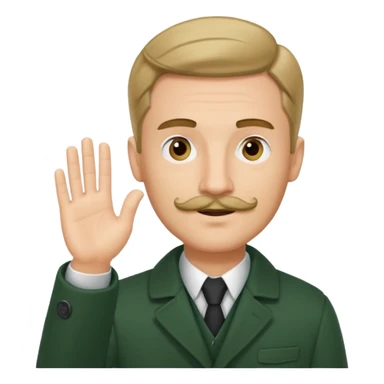 German guy with short mustache and a comb over raising his hand with a dark green coat sticker