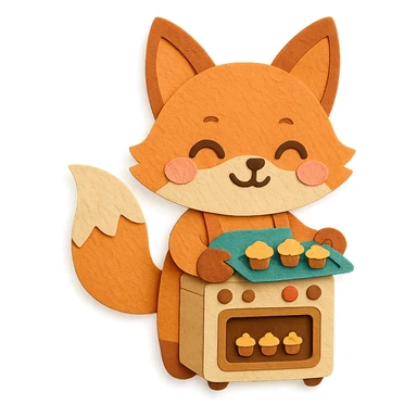 chibi electric oven-fox hybrid, baking mini cupcakes, happy face, soft warm colors, full-body sticker