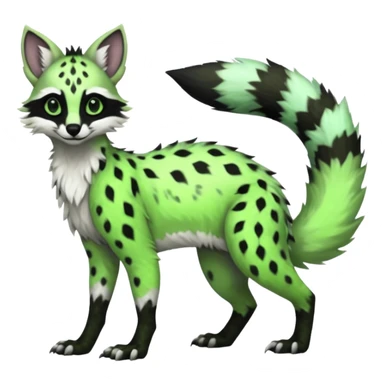 Feral Rare Fantasy   neon-green fur with obsidian-onyx-black points and snowy-white belly  Vernid-Sergal-Genet-Trico-species by LiLaiRa, random markings, tufted tail, tufted ears, full body sticker