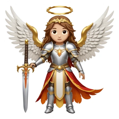  The angel has long brown hair surrounded by a golden halo and large white-and-orange feathered wings, wearing ornate silver armor with gold accents and a red sash. In its right hand it grips a white sword upright, while its left hand rests near the hilt of another weapon at its sid  sticker