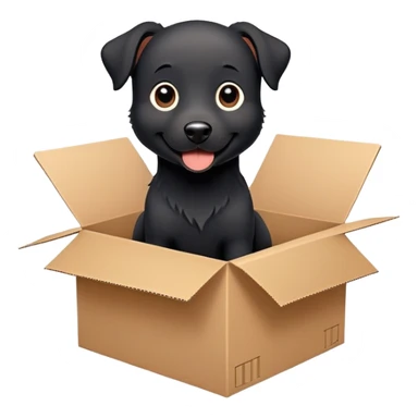  A very cute  young happy black dog with one's head tilted to one side poked its paws out of the cardboard big box and placed them on top of it sticker